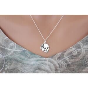 Sterling Silver Flat Skull Pendant Necklace, Silver Flat Skull Charm Necklace